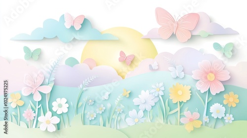 A colorful paper-cut style landscape featuring flowers, butterflies, and a sun.