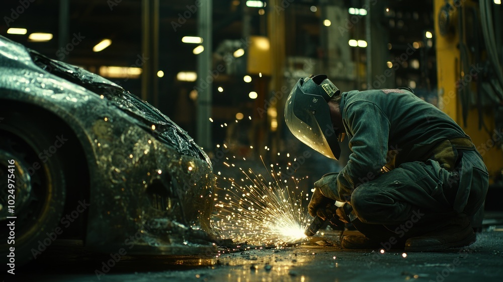 A welder works on a car, creating sparks in a dimly lit industrial environment. A welder works on a car, creating sparks in a dimly lit industrial environment.