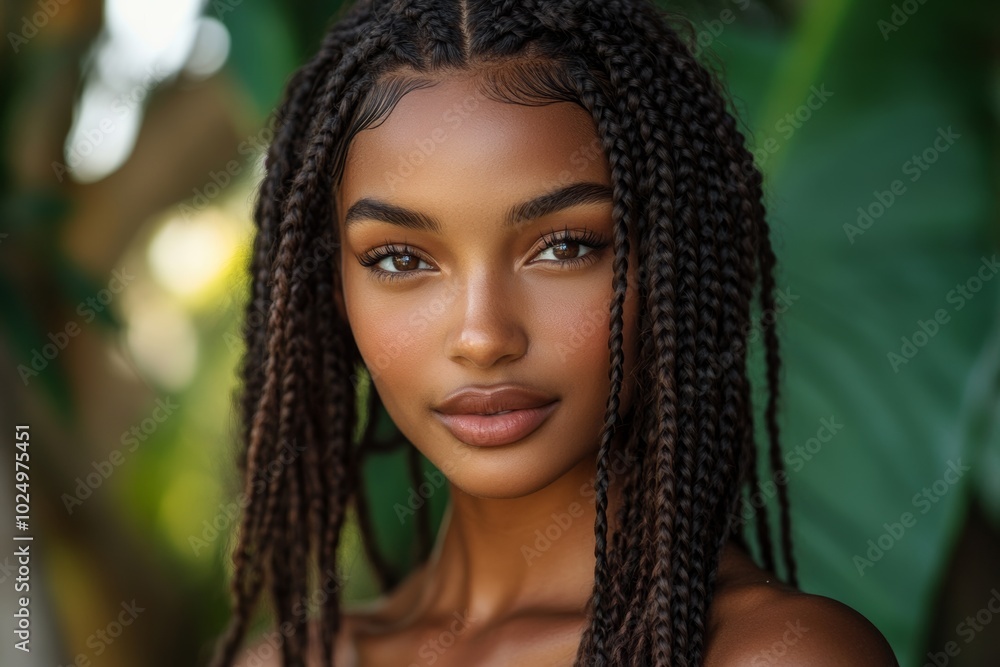 Woman with long, curly hair and a dark complexion. She has a beautiful smile and is looking directly at the camera. Close-up shot of a beautiful black woman with box braids Woman with long, curly hair and a dark complexion. She has a beautiful smile and is looking directly at the camera. Close-up shot of a beautiful black woman with box braids