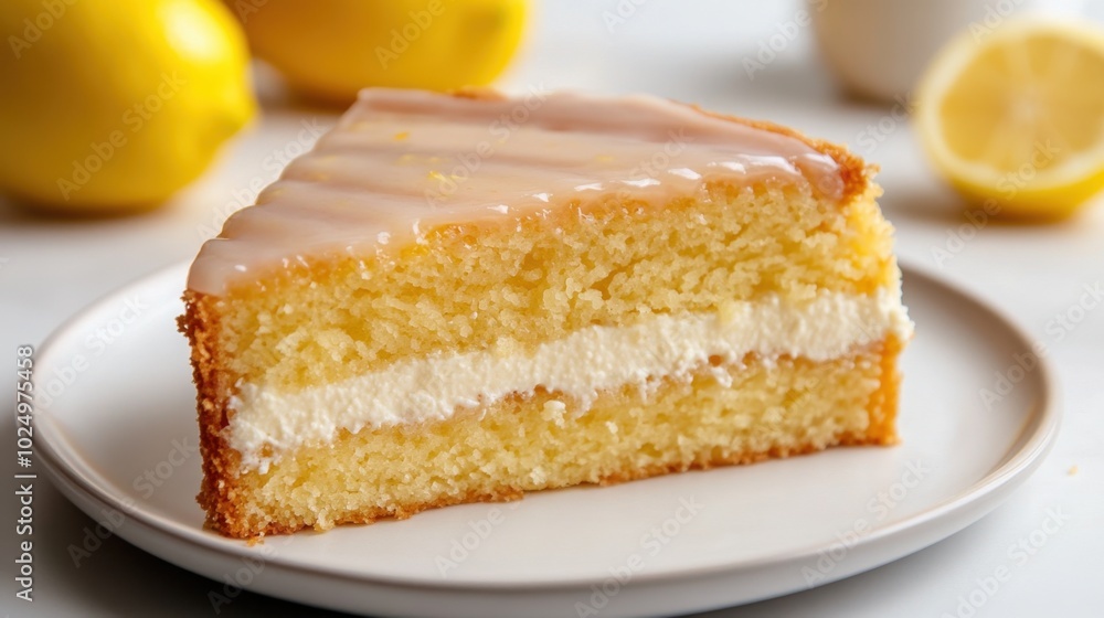 A delicious slice of Italian lemon ricotta cake, with golden edges and a tangy-sweet glaze, isolated on a white plate A delicious slice of Italian lemon ricotta cake, with golden edges and a tangy-sweet glaze, isolated on a white plate