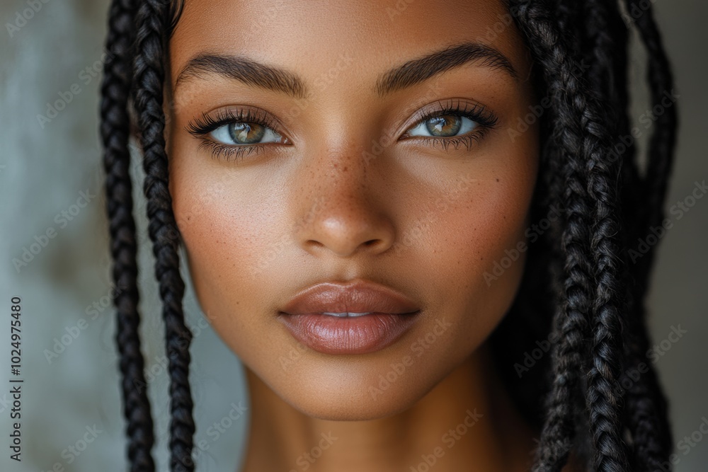 Woman with long, curly hair and a dark complexion. She has a beautiful smile and is looking directly at the camera. Close-up shot of a beautiful black woman with box braids Woman with long, curly hair and a dark complexion. She has a beautiful smile and is looking directly at the camera. Close-up shot of a beautiful black woman with box braids