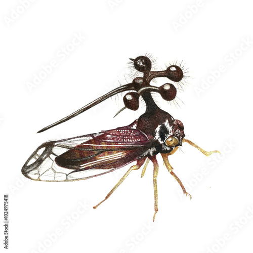 Bell Bearing Treehopper colored pencil on white isolated background