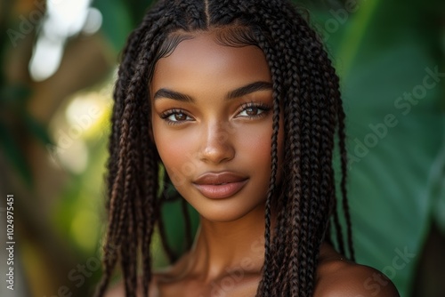 Woman with long, curly hair and a dark complexion. She has a beautiful smile and is looking directly at the camera. Close-up shot of a beautiful black woman with box braids photo