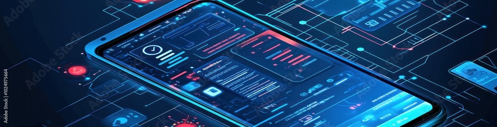A smartphone displaying futuristic data analytics and digital interfaces. A smartphone displaying futuristic data analytics and digital interfaces.