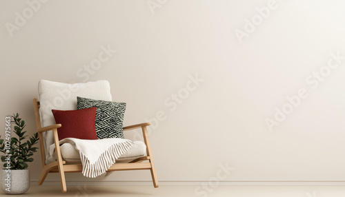 Cozy chair with pillows, minimalistic decor, soft texture, inviting atmosphere. photo