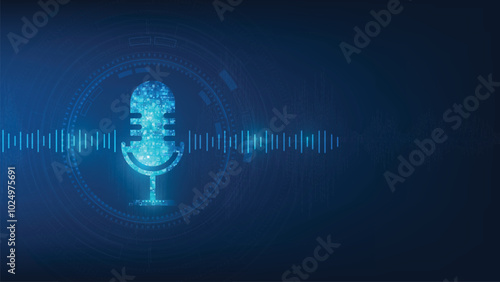 vector abstract icon microphone on digital sound wave on dark blue color background. voice recognition concept