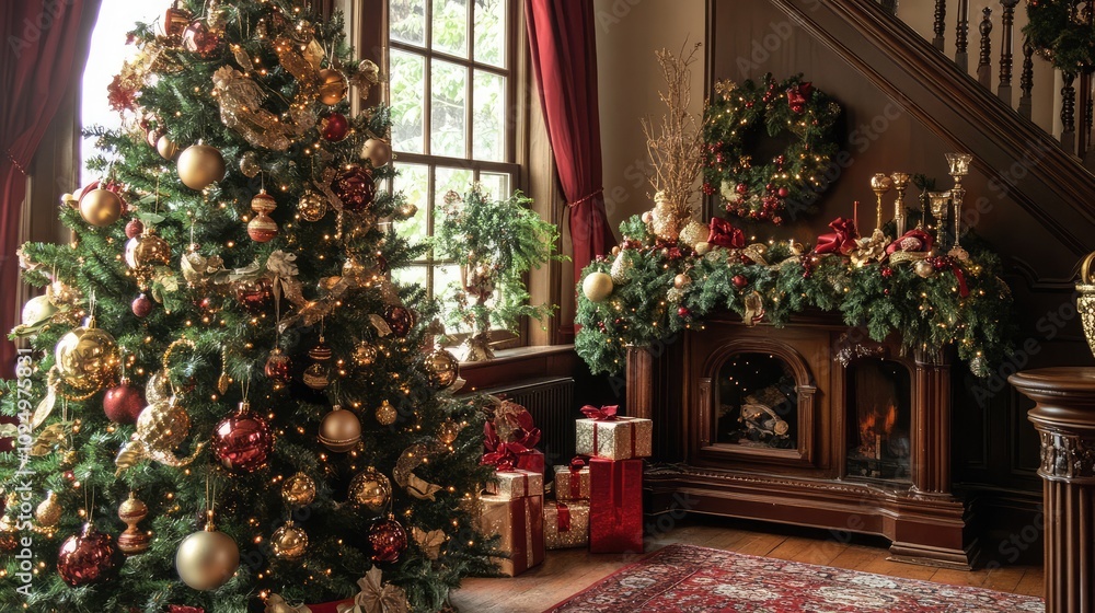 Beautiful Christmas decorations under the tree. AI generated illustration. Beautiful Christmas decorations under the tree. AI generated illustration.