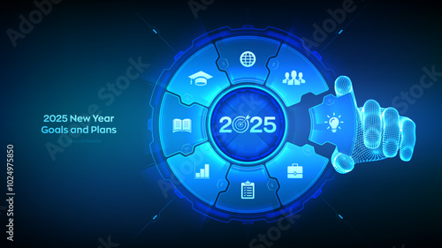 2025 New year Goals and plans. Wireframe hand places an element into a composition visualizing Goal acheiveement and success in 2025. Business plan and strategies concept. Vector illustration.