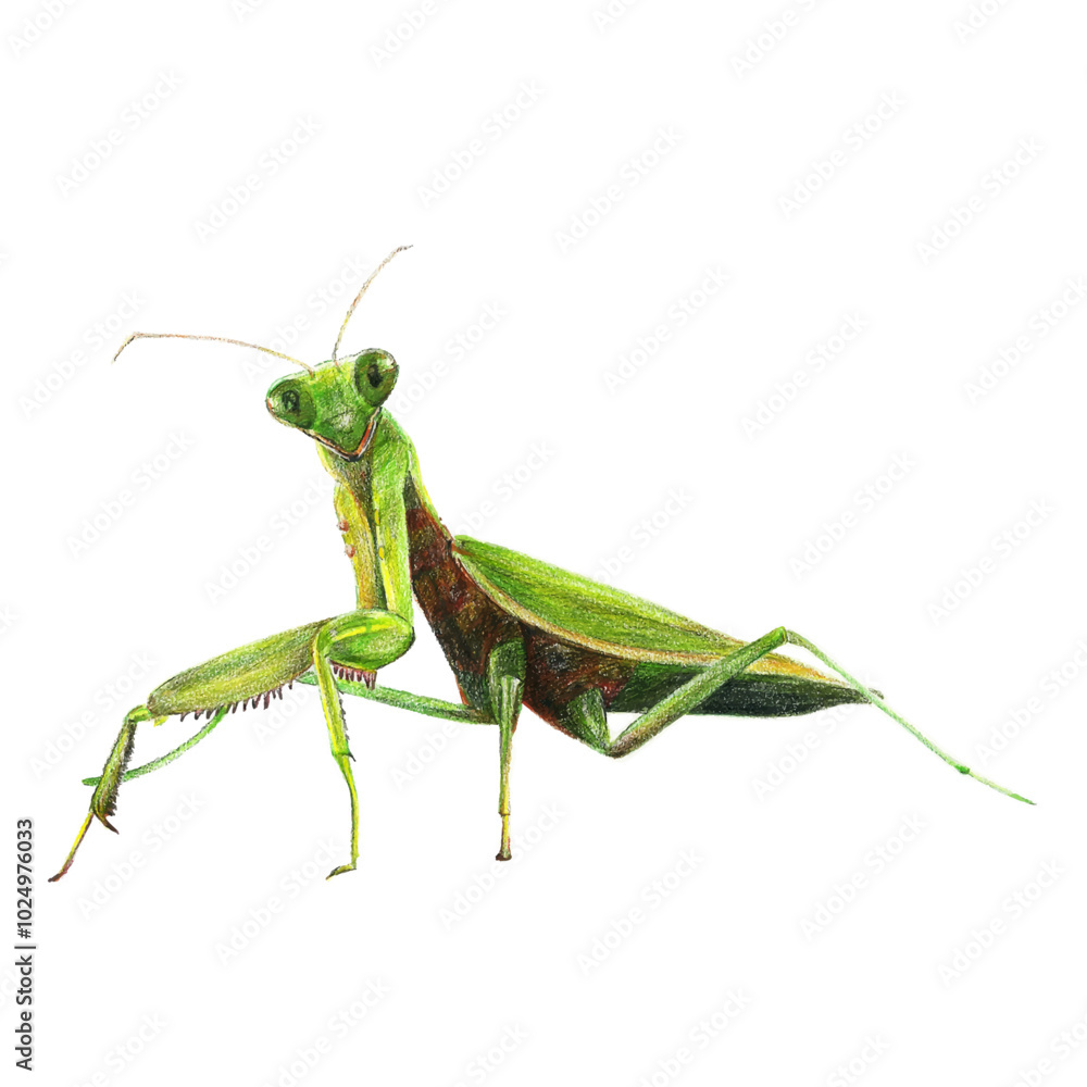 Praying Mantis colored pencil on white isolated background Praying Mantis colored pencil on white isolated background