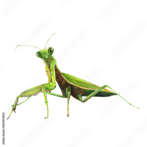 Praying Mantis colored pencil on white isolated background