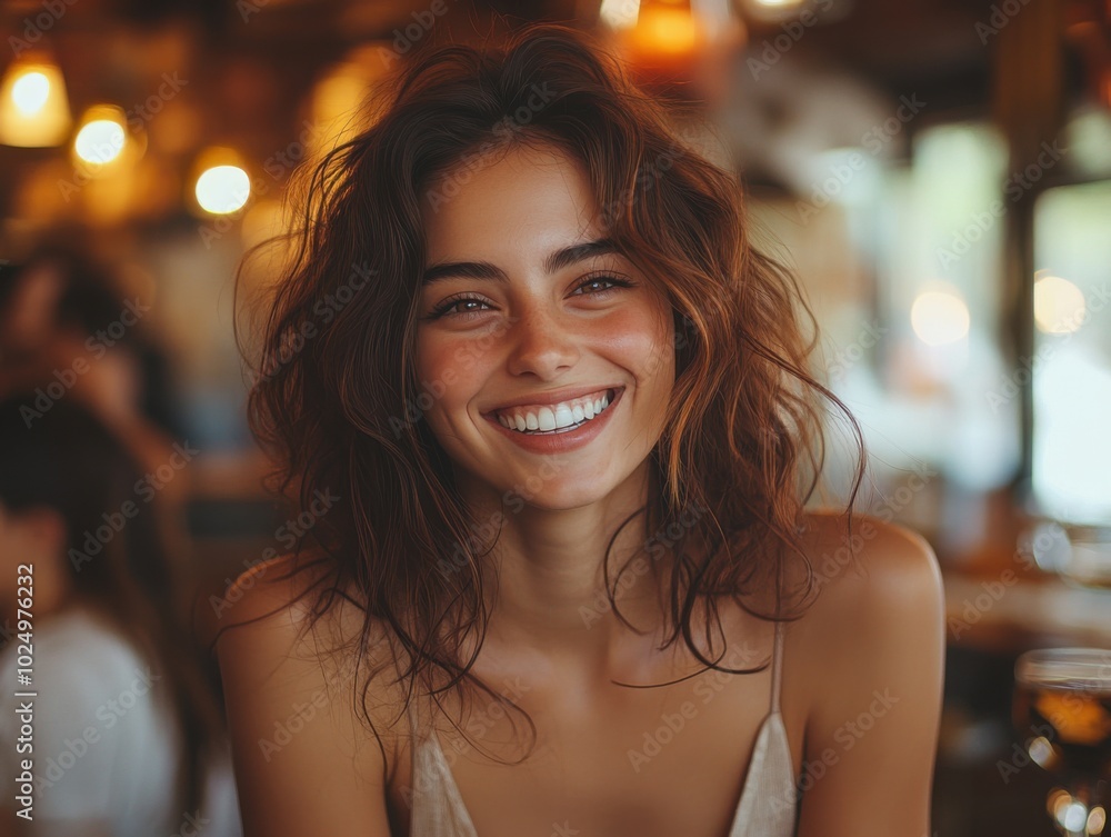 Smiling woman with long brown hair sitting at a table Smiling woman with long brown hair sitting at a table