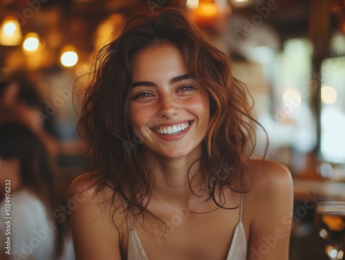 Smiling woman with long brown hair sitting at a table