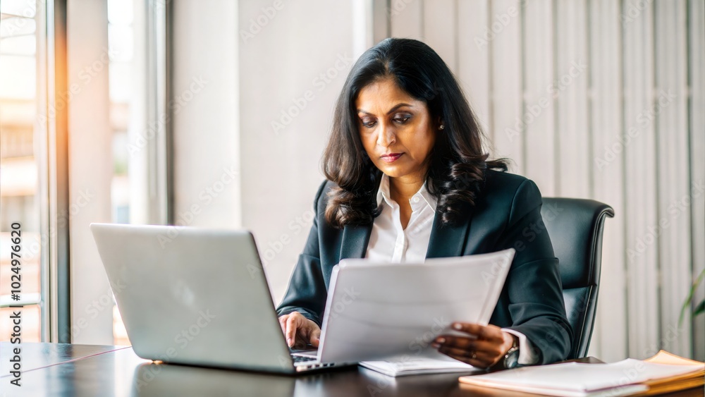 middle aged India professional lawyer sitting at modern office . computer, focused and reading paper female lawyer in modern office preparing for a case, stacks of files, copy space middle aged India professional lawyer sitting at modern office . computer, focused and reading paper female lawyer in modern office preparing for a case, stacks of files, copy space