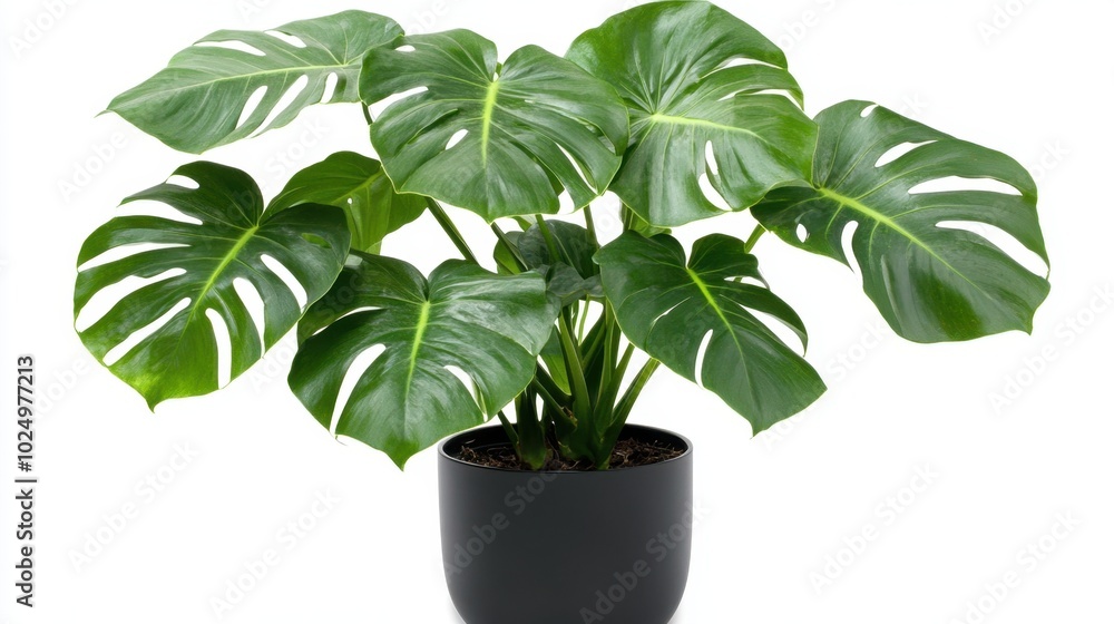 A potted Monstera deliciosa house plant with striking split leaves, isolated on a white background for a fresh, contemporary feel A potted Monstera deliciosa house plant with striking split leaves, isolated on a white background for a fresh, contemporary feel