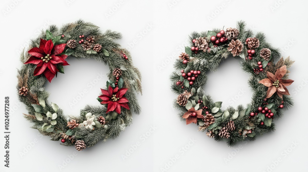 Elegant Christmas wreaths sticker pack. AI generated illustration. Elegant Christmas wreaths sticker pack. AI generated illustration.
