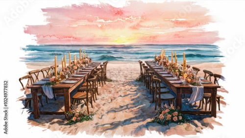 Romantic Beach Sunset Watercolor Painting