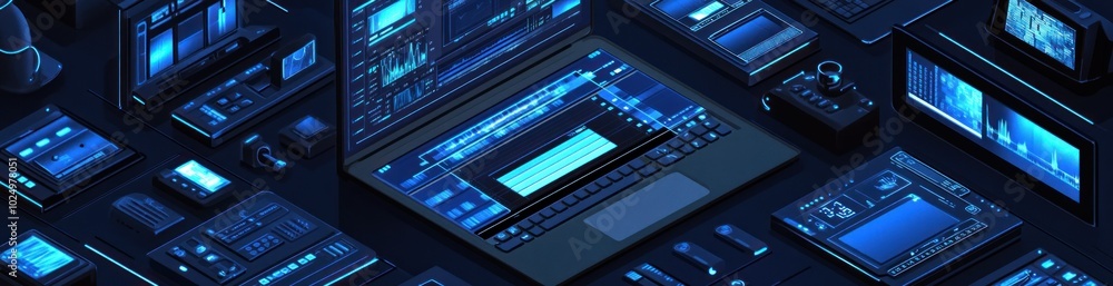 A digital workspace filled with various tech devices and screens displaying data. A digital workspace filled with various tech devices and screens displaying data.