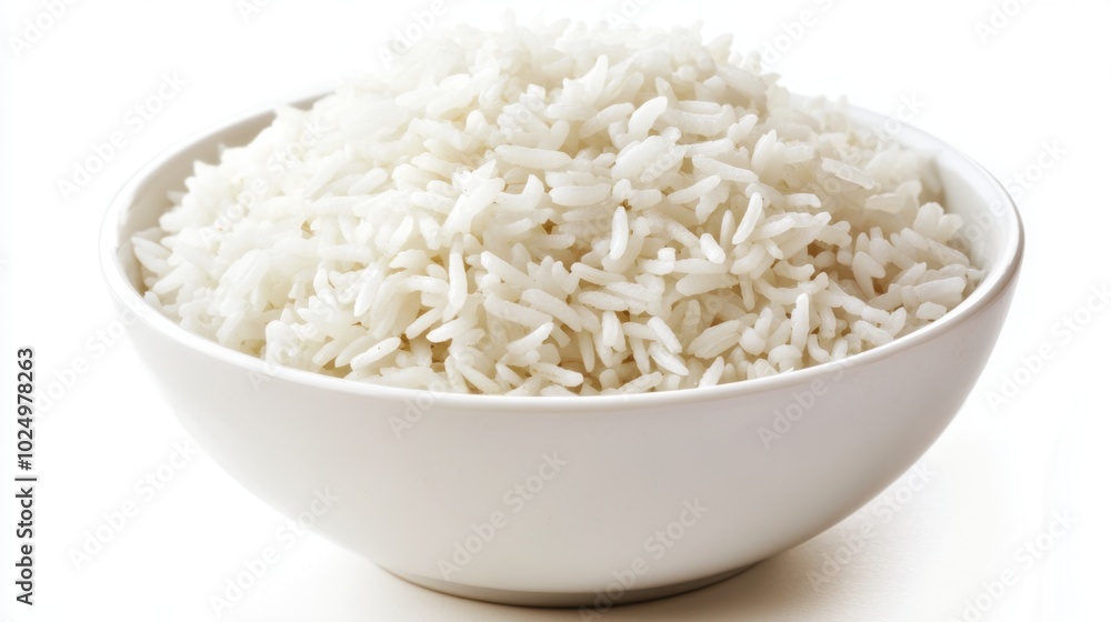 A serving of perfectly cooked basmati rice in a white bowl, isolated on a white background, ready for a meal A serving of perfectly cooked basmati rice in a white bowl, isolated on a white background, ready for a meal