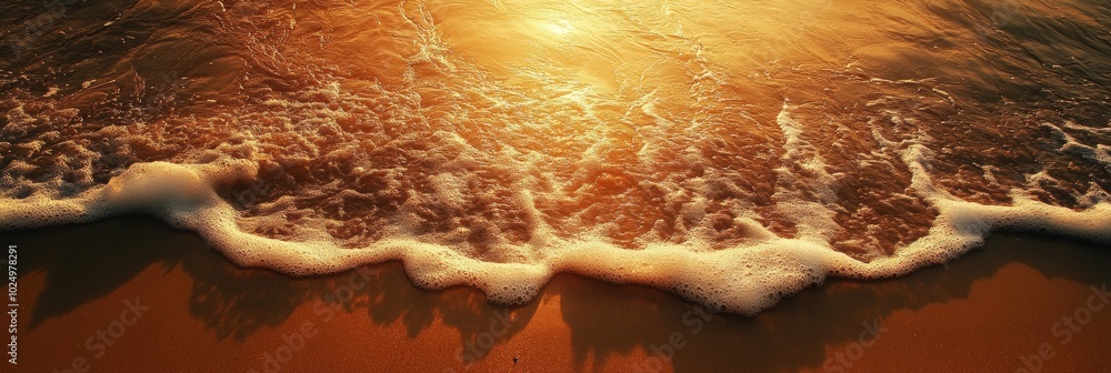 Obraz premium Serene Sunset Beach, golden sands kissed by gentle waves, tranquil atmosphere, vibrant colors blending in the sky, peaceful coastal retreat