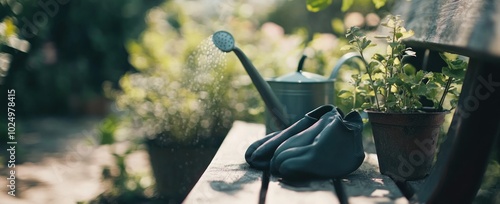 A serene garden scene with a watering can, plants, and shoes on a bench.