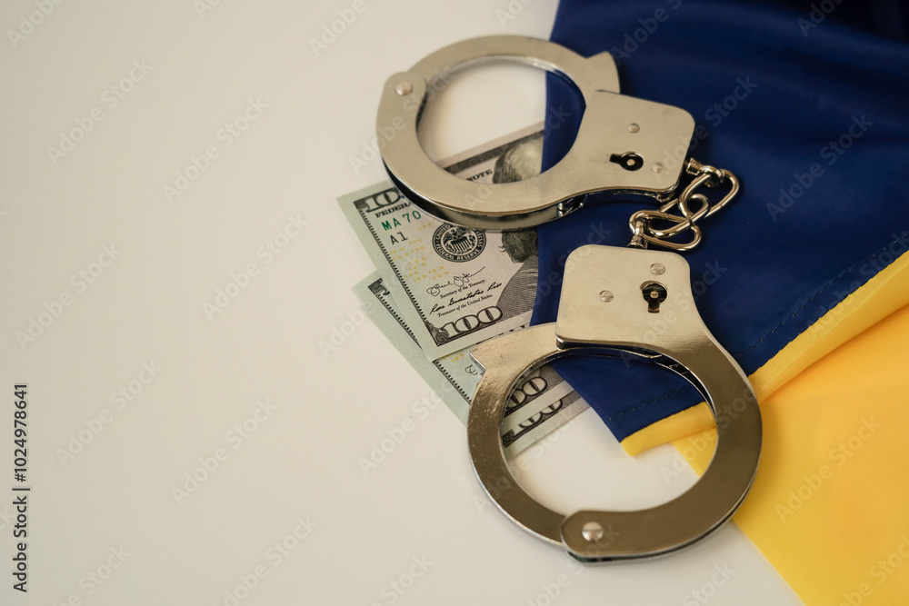 American dollars, handcuffs and flag of Ukraine on a light background American dollars, handcuffs and flag of Ukraine on a light background
