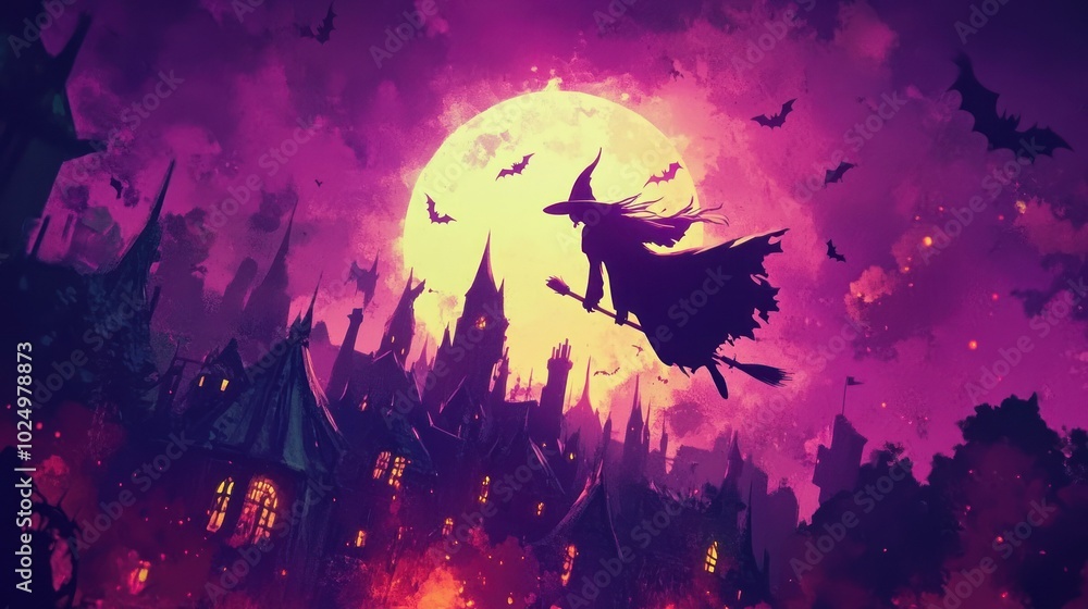 A witch flying over a haunted village under a full moon, creating a spooky atmosphere. A witch flying over a haunted village under a full moon, creating a spooky atmosphere.