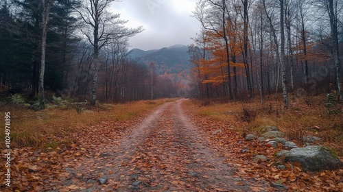 Autumn Mountain Trail, vibrant fall foliage, crisp air, leaves crunching underfoot, serene nature experience, inviting path through wilderness