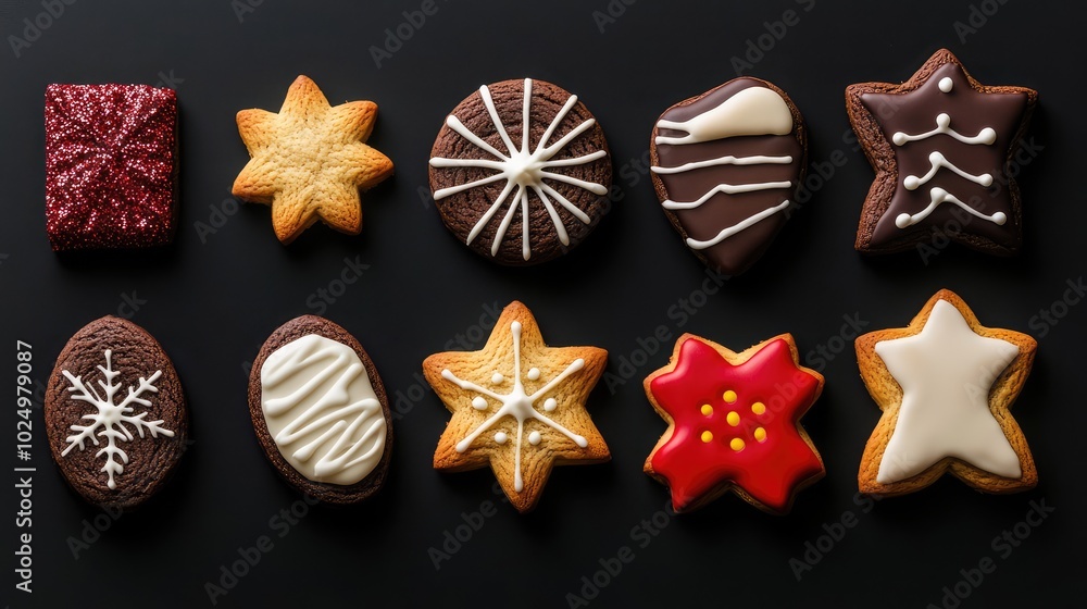 Christmas and New Year cookies on black background. AI generated illustration. Christmas and New Year cookies on black background. AI generated illustration.