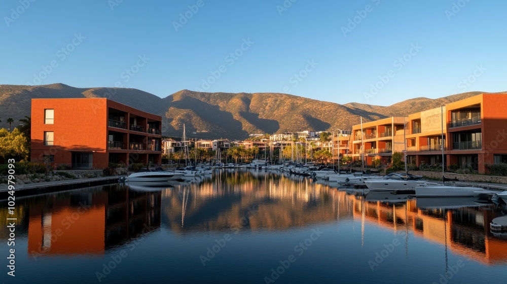 Scenic view of modern buildings by a marina, reflecting in calm water with mountains in the background. Scenic view of modern buildings by a marina, reflecting in calm water with mountains in the background.