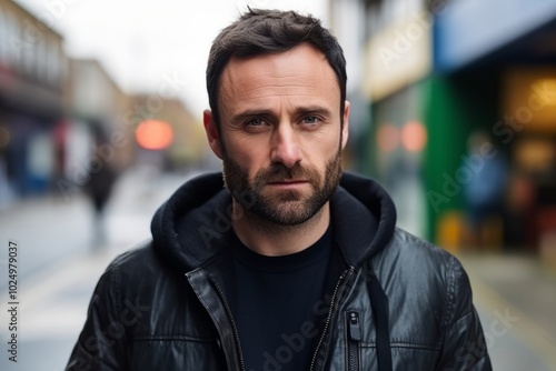 Portrait of a man in a leather jacket on a city street