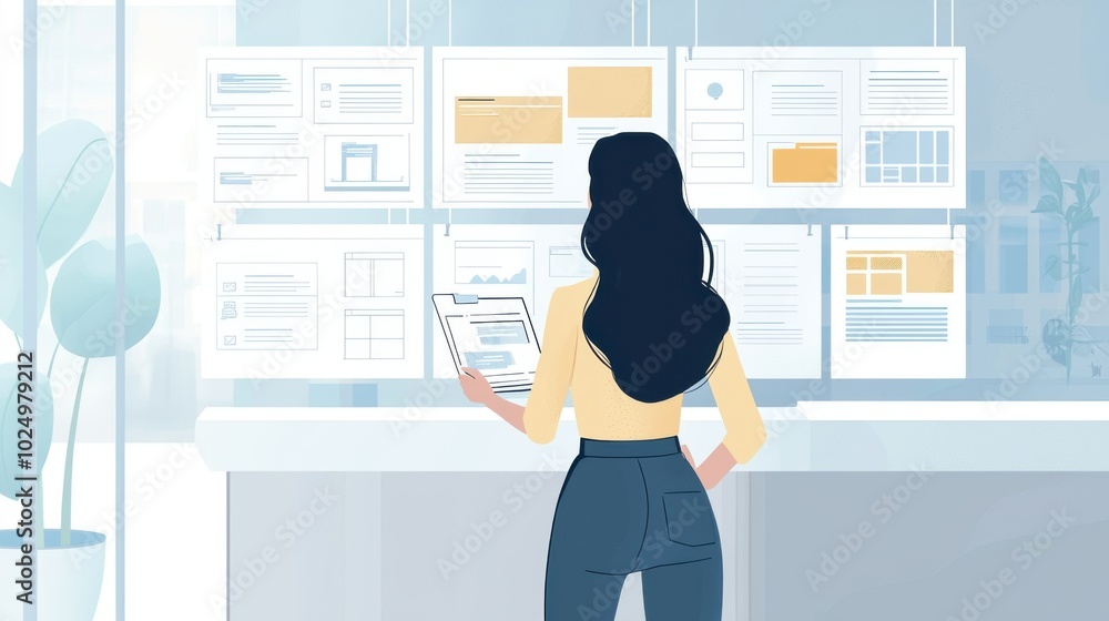 Minimalist cartoon businesswoman reviewing designs, clean lines and negative space highlighting focus and simplicity., , Minimalist cartoon businesswoman reviewing designs, clean lines and negative space highlighting focus and simplicity., ,