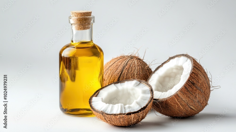 A sleek bottle of MCT oil placed next to cracked-open coconuts, isolated on a clean white background, promoting healthy cooking and lifestyle A sleek bottle of MCT oil placed next to cracked-open coconuts, isolated on a clean white background, promoting healthy cooking and lifestyle