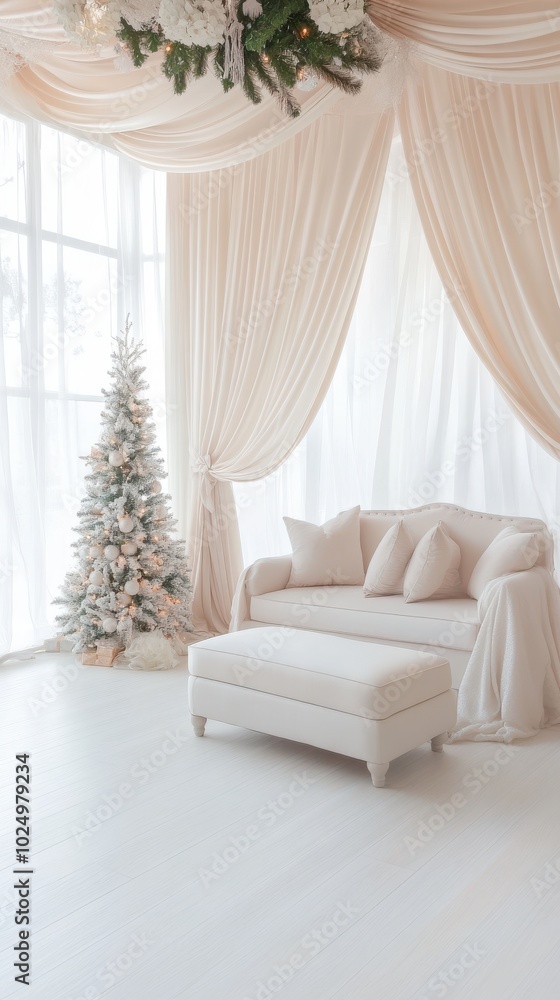 A white room with a couch and ottoman, and a Christmas tree in the background A white room with a couch and ottoman, and a Christmas tree in the background