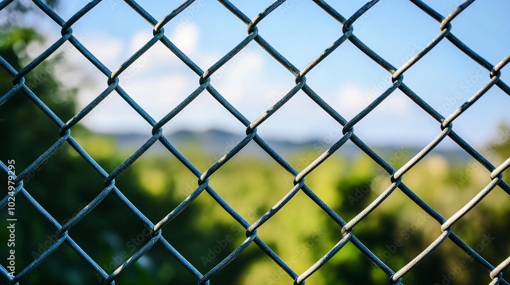 A close view of a chain-link fence with a blurred green landscape in the background on a sunny day A close view of a chain-link fence with a blurred green landscape in the background on a sunny day
