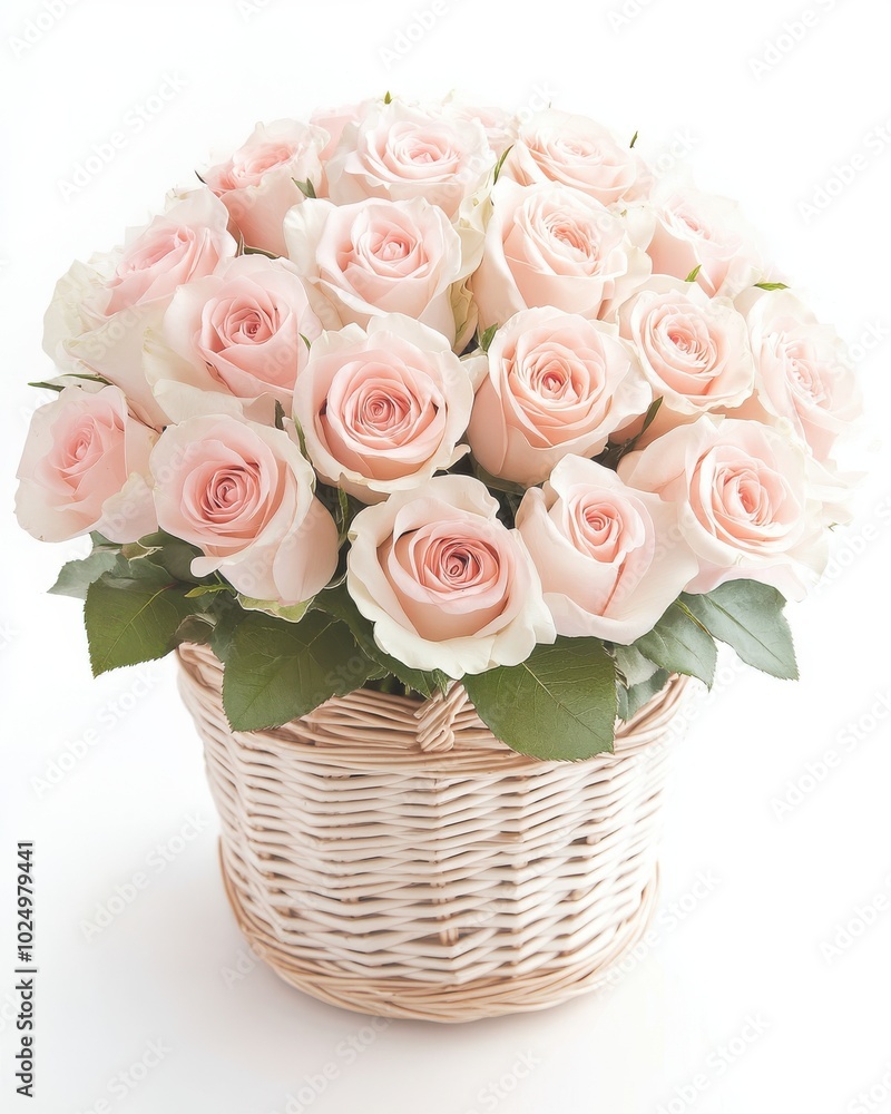 A basket of pink roses sits on a white background A basket of pink roses sits on a white background