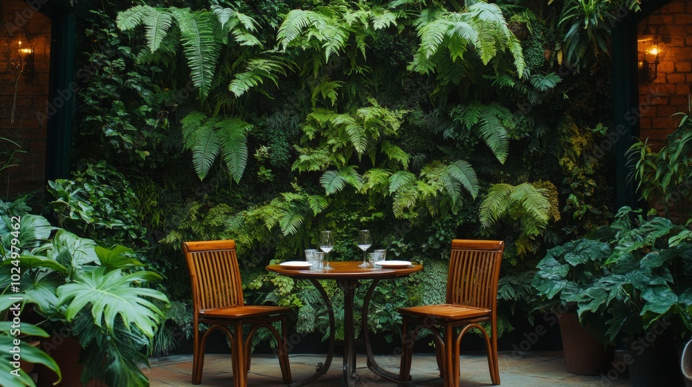 Lush Green Retreat, tranquil patio enveloped in vibrant ferns and climbing vines, inviting nature's embrace for relaxation and rejuvenation Lush Green Retreat, tranquil patio enveloped in vibrant ferns and climbing vines, inviting nature's embrace for relaxation and rejuvenation