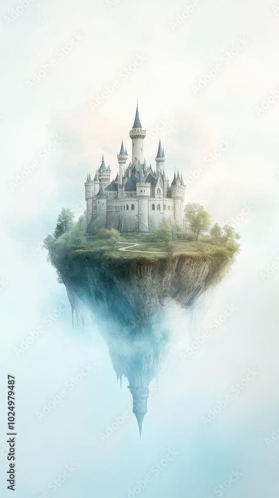 Naklejka premium A castle is floating in the air above a body of water