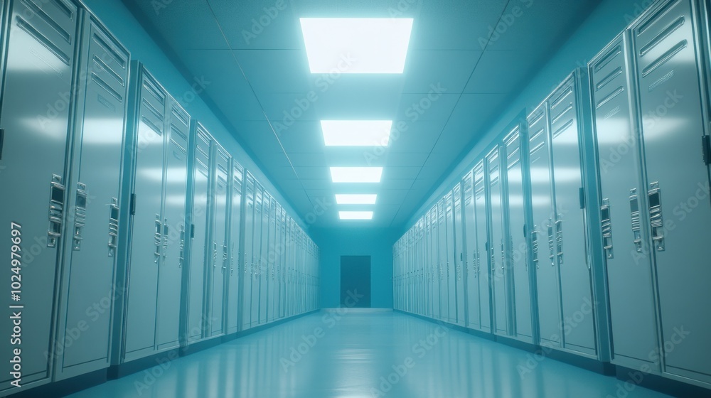 A long corridor lined with metallic lockers under bright overhead lights. A long corridor lined with metallic lockers under bright overhead lights.