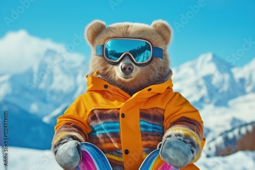 Brown bear stands on snowy mountain wearing vibrant orange jacket, blue goggles. Bear holds pink, blue skis for winter adventure. Snowy mountain landscape provides breathtaking backdrop.