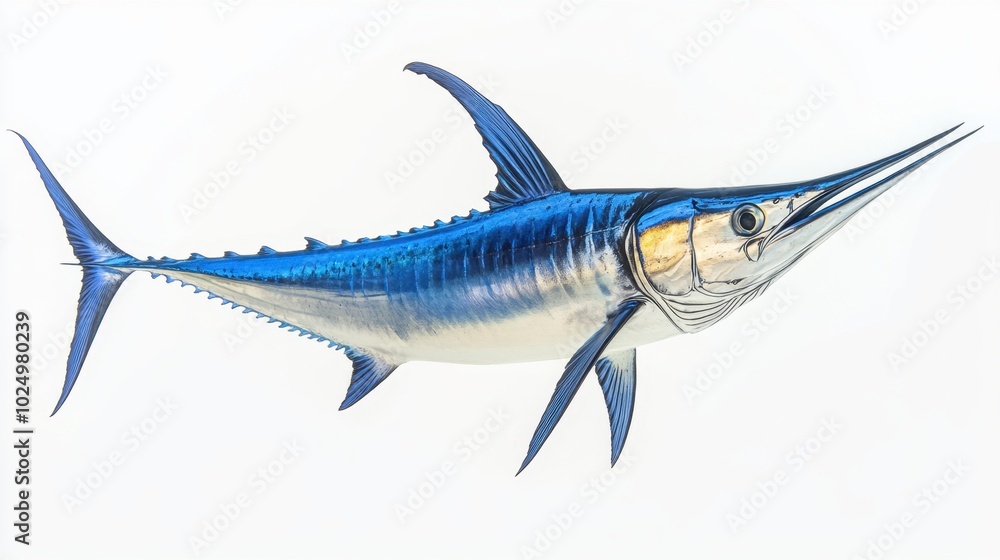 A striking blue marlin swordfish in mid-jump, isolated on a white background, showcasing its beauty and grace in ocean waters A striking blue marlin swordfish in mid-jump, isolated on a white background, showcasing its beauty and grace in ocean waters