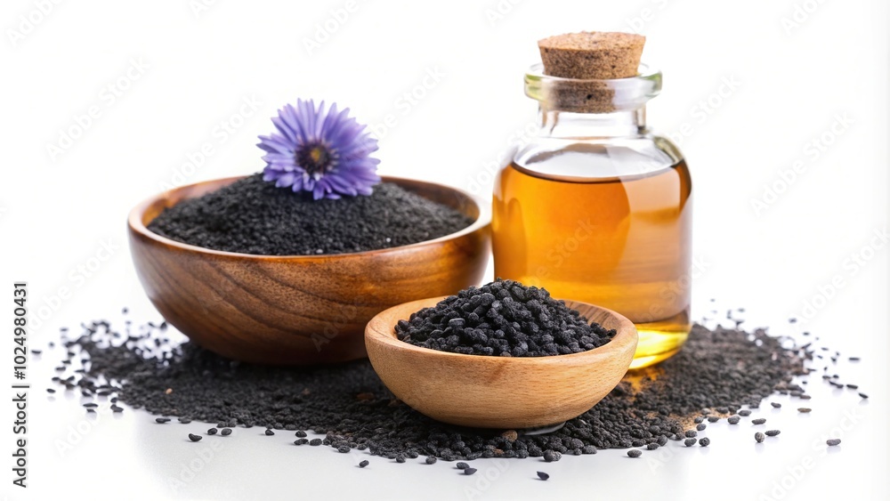 Bottle of black seed oil, black cumin seeds, wooden bowl, purple flower on white background Bottle of black seed oil, black cumin seeds, wooden bowl, purple flower on white background