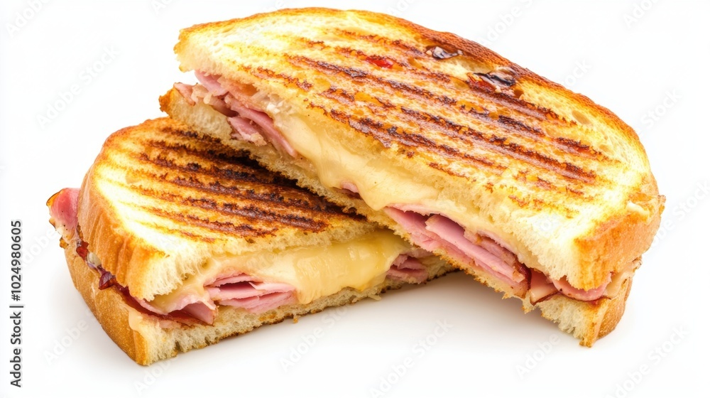 A toasted panini melt with ham and cheese, cut in half and showing grill marks, isolated on a white background for a tempting food visual A toasted panini melt with ham and cheese, cut in half and showing grill marks, isolated on a white background for a tempting food visual