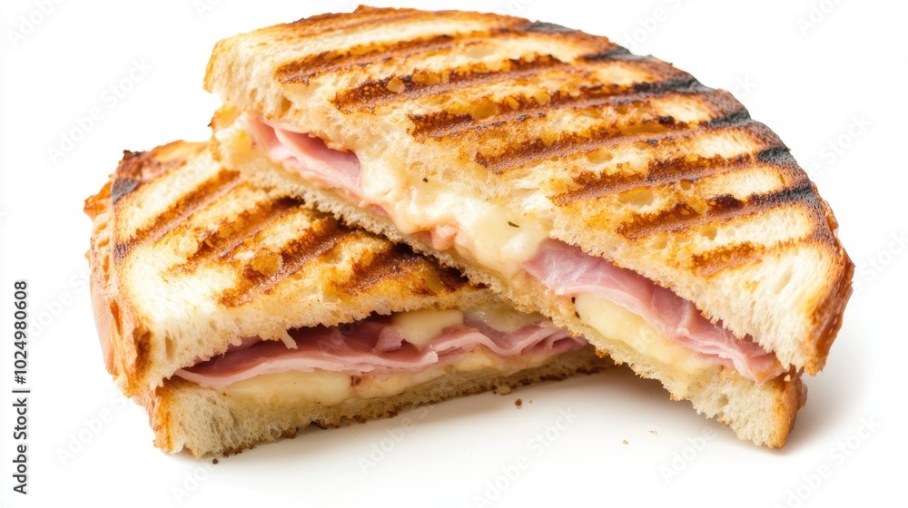 A toasted panini melt with ham and cheese, cut in half and showing grill marks, isolated on a white background for a tempting food visual A toasted panini melt with ham and cheese, cut in half and showing grill marks, isolated on a white background for a tempting food visual