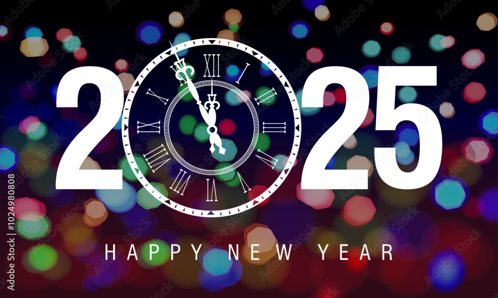 Fototapeta premium 2025 New Year Celebration Banner with Antique Clock. Countdown Themes. New Year Greeting Card Design Isolate Visually Light Bokeh Background 02