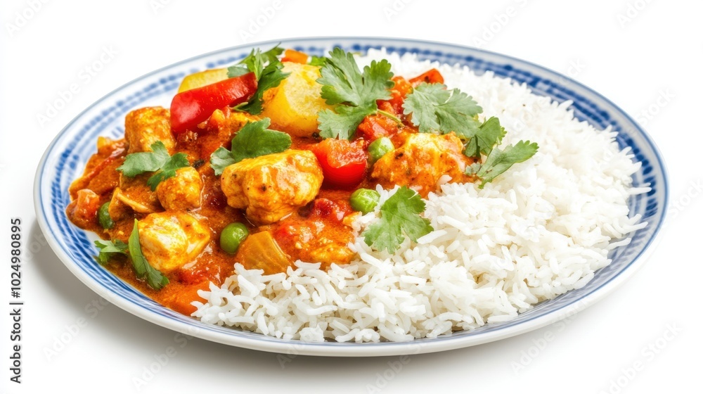 A vibrant plate of chicken curry served with basmati rice, isolated on a white background, showcasing traditional Indian spices and colors A vibrant plate of chicken curry served with basmati rice, isolated on a white background, showcasing traditional Indian spices and colors
