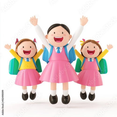 Three cheerful cartoon girls in school uniforms jumping with backpacks.