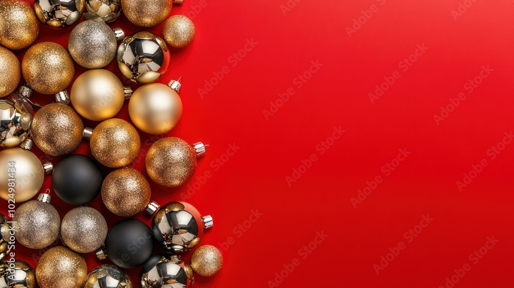 A festive arrangement of gold, silver, and black Christmas ornaments on a red background. A festive arrangement of gold, silver, and black Christmas ornaments on a red background.