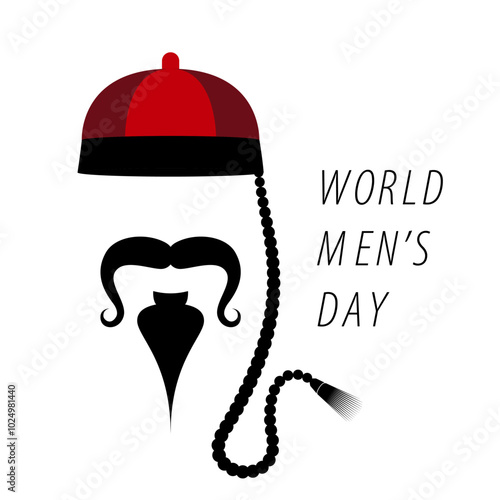 Vector illustration of chinese culture hat with long braided hair and long mustache