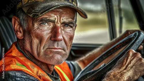 A serious-looking man in a safety vest sits behind the wheel of a vehicle.