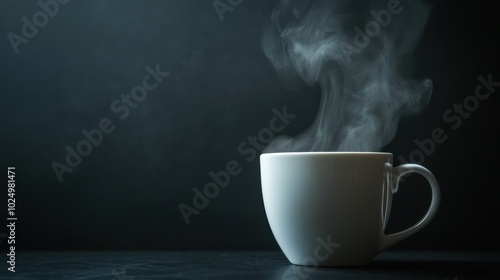 A white mug with steam rising from a hot drink, set on a dark table against a black background, perfect for cozy moments